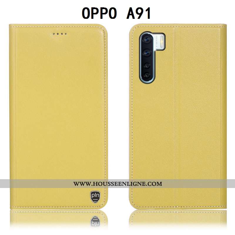 Étui Oppo A91 Cuir Véritable Protection Téléphone Portable Tout Compris Housse Jaune