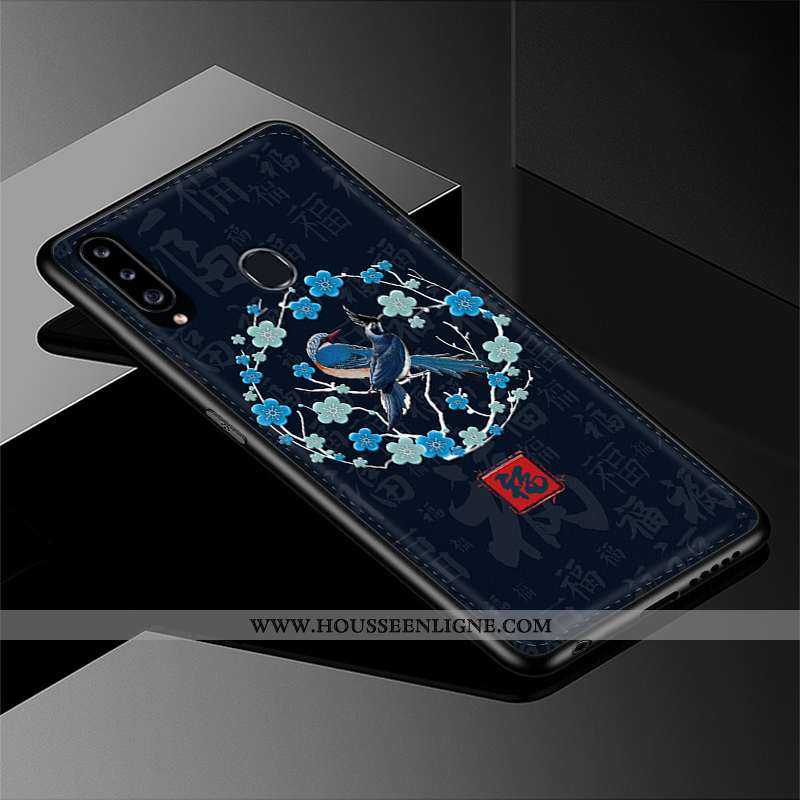 Étui Samsung Galaxy A20s Cuir Modèle Fleurie Gaufrage Coque Étoile Silicone Bleu Foncé