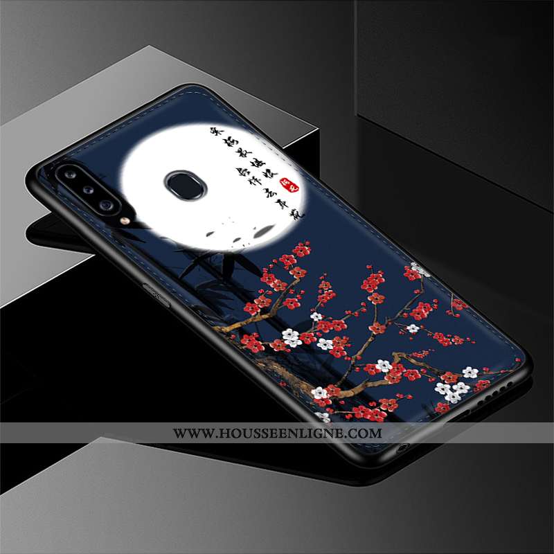Étui Samsung Galaxy A20s Cuir Modèle Fleurie Gaufrage Coque Étoile Silicone Bleu Foncé