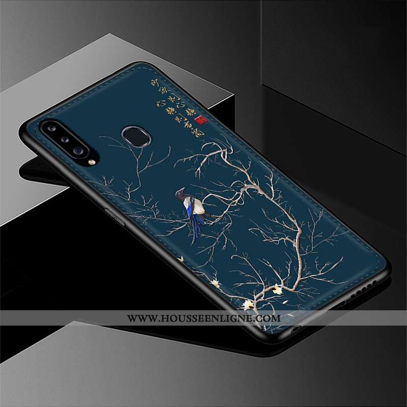 Étui Samsung Galaxy A20s Cuir Modèle Fleurie Gaufrage Coque Étoile Silicone Bleu Foncé