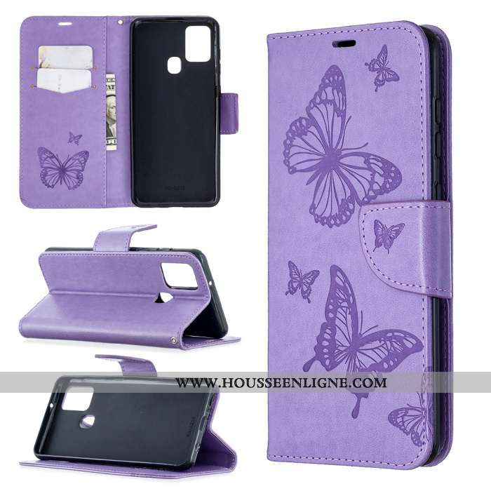 Étui Samsung Galaxy A21s Cuir Clamshell En Relief Papillon Tout Compris Étoile Téléphone Portable Vi