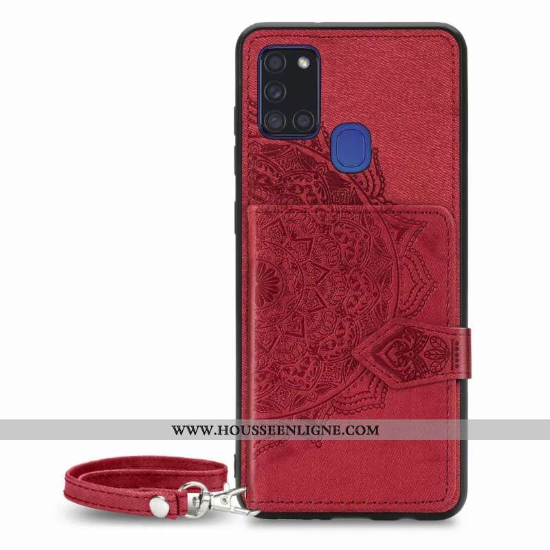 Étui Samsung Galaxy A21s Cuir Modèle Fleurie Coque Sac Carte Étoile Rouge