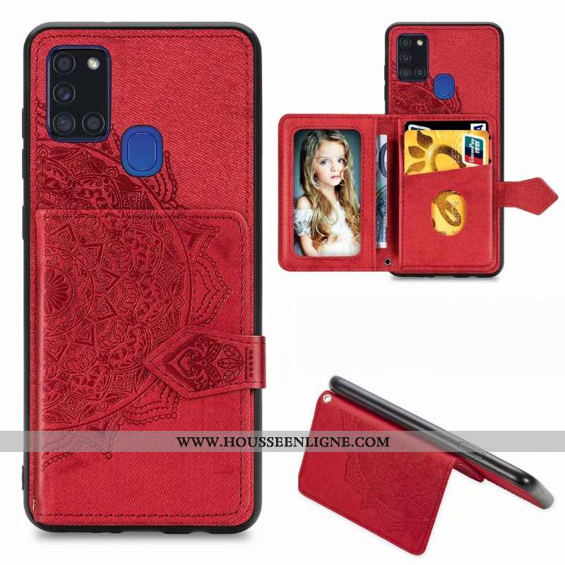 Étui Samsung Galaxy A21s Cuir Modèle Fleurie Coque Sac Carte Étoile Rouge