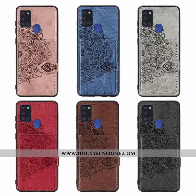 Étui Samsung Galaxy A21s Cuir Modèle Fleurie Coque Sac Carte Étoile Rouge