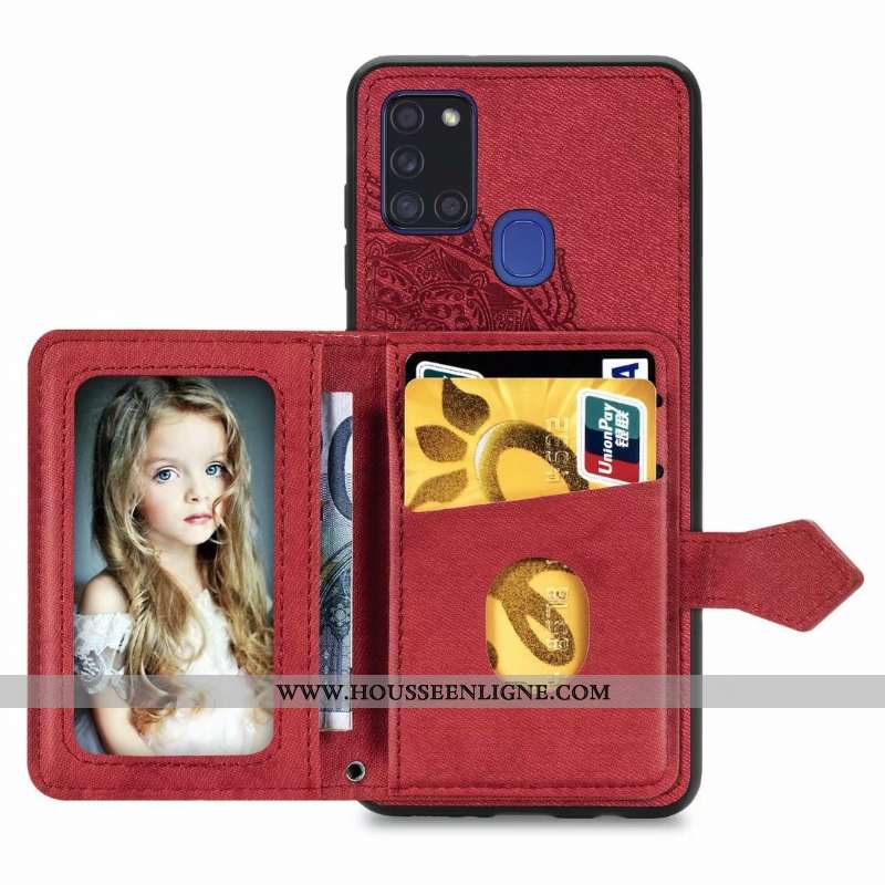 Étui Samsung Galaxy A21s Cuir Modèle Fleurie Coque Sac Carte Étoile Rouge