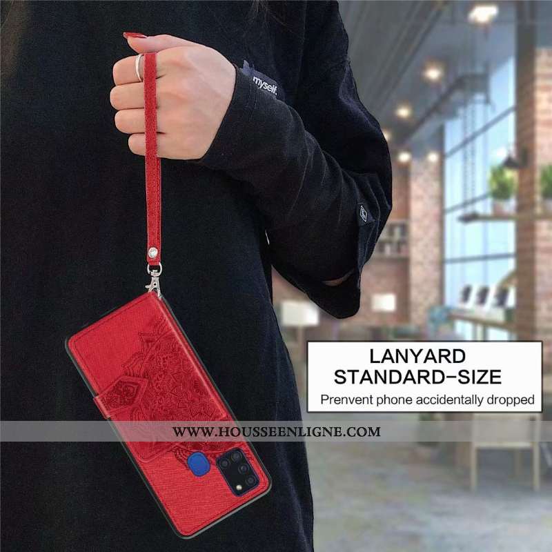 Étui Samsung Galaxy A21s Cuir Modèle Fleurie Coque Sac Carte Étoile Rouge