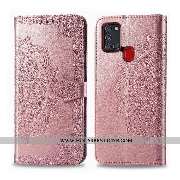 Étui Samsung Galaxy A21s Cuir Portefeuille Incassable Housse Support Téléphone Portable Rose