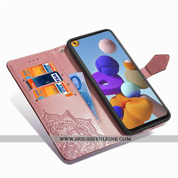 Étui Samsung Galaxy A21s Cuir Portefeuille Incassable Housse Support Téléphone Portable Rose