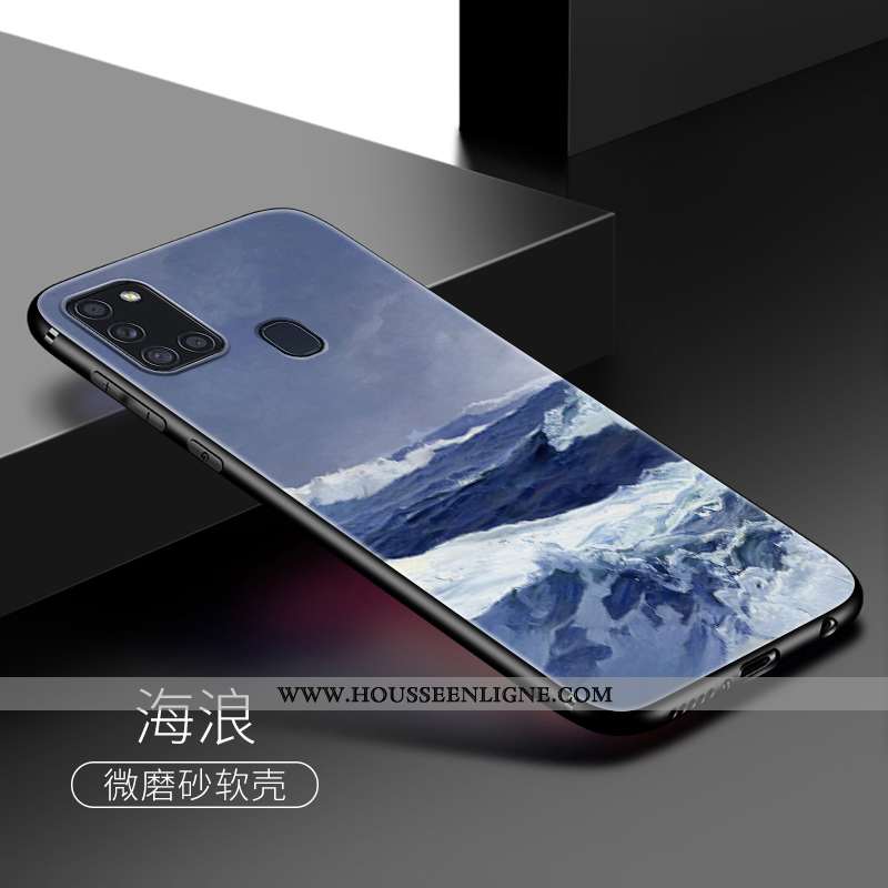 Étui Samsung Galaxy A21s Fluide Doux Silicone Personnalité Coque Vent Clair Délavé En Daim Bleu Fonc