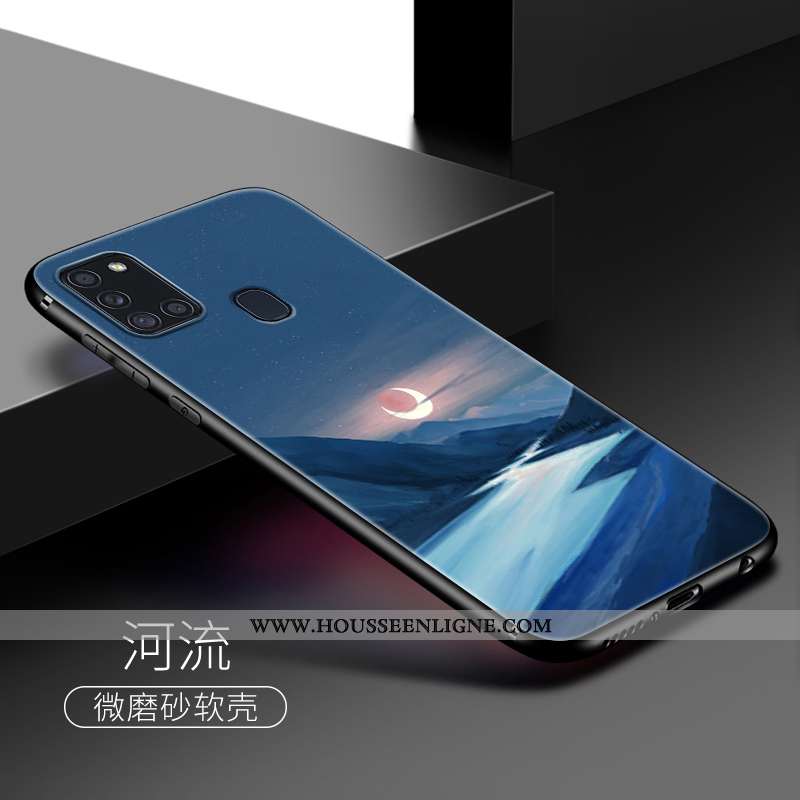 Étui Samsung Galaxy A21s Fluide Doux Silicone Personnalité Coque Vent Clair Délavé En Daim Bleu Fonc