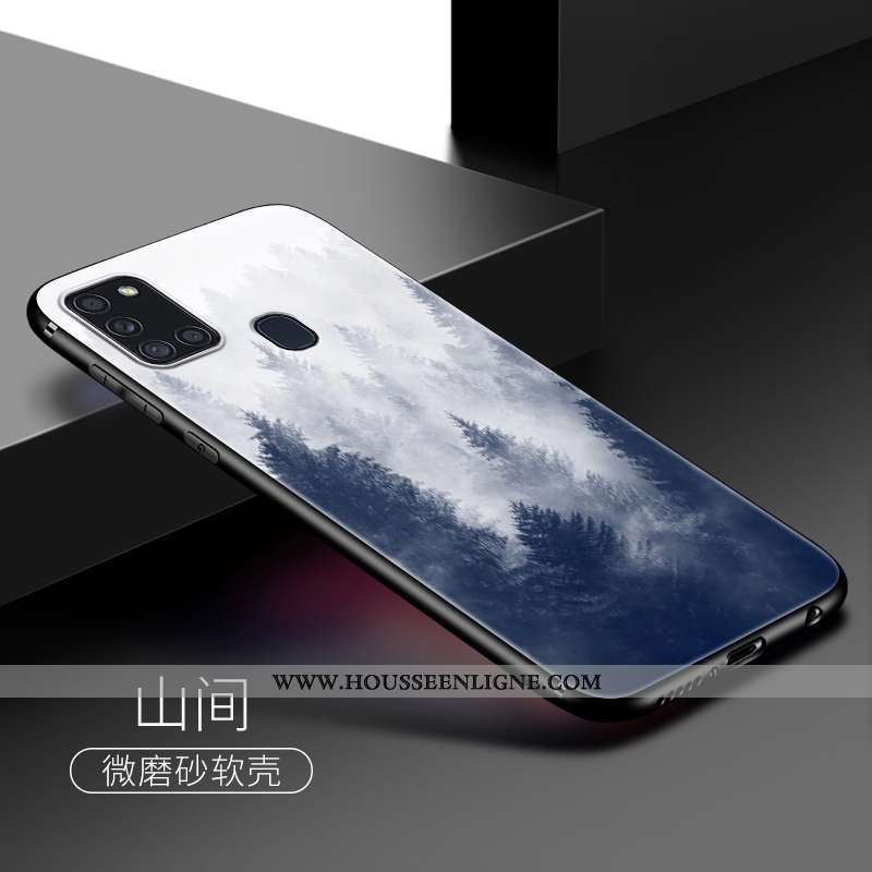 Étui Samsung Galaxy A21s Fluide Doux Silicone Personnalité Coque Vent Clair Délavé En Daim Bleu Fonc