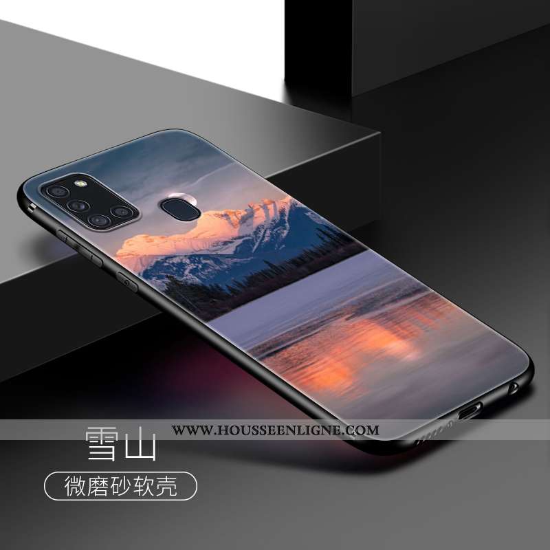 Étui Samsung Galaxy A21s Fluide Doux Silicone Personnalité Coque Vent Clair Délavé En Daim Bleu Fonc
