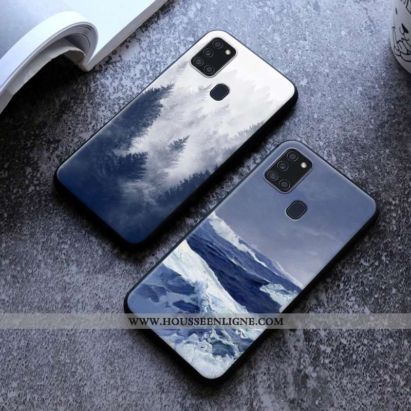 Étui Samsung Galaxy A21s Fluide Doux Silicone Personnalité Coque Vent Clair Délavé En Daim Bleu Fonc