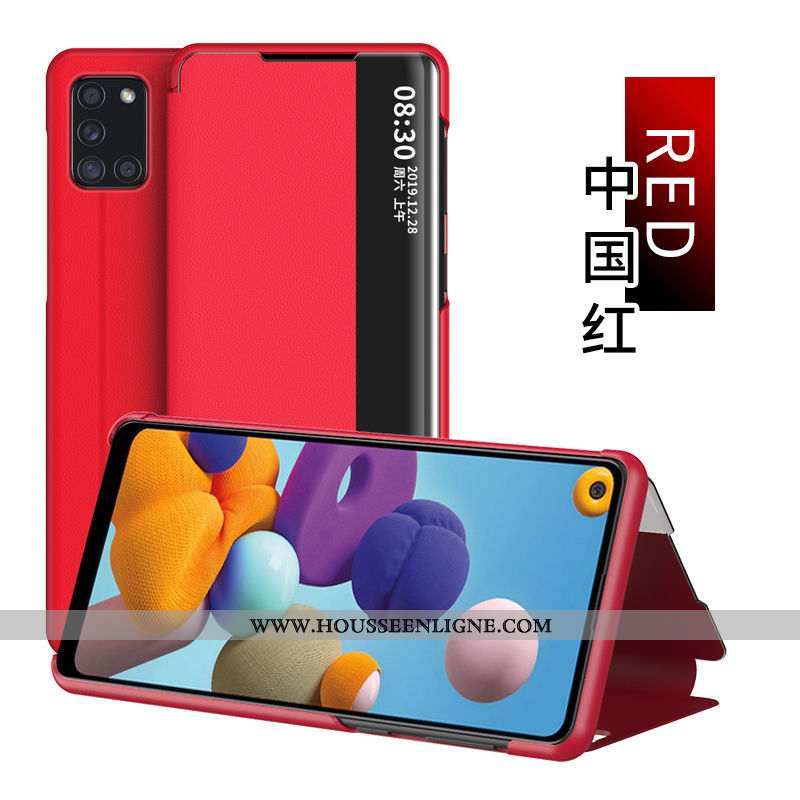 Étui Samsung Galaxy A21s Protection Cuir Étoile Housse Coque Windows Dormance Rouge