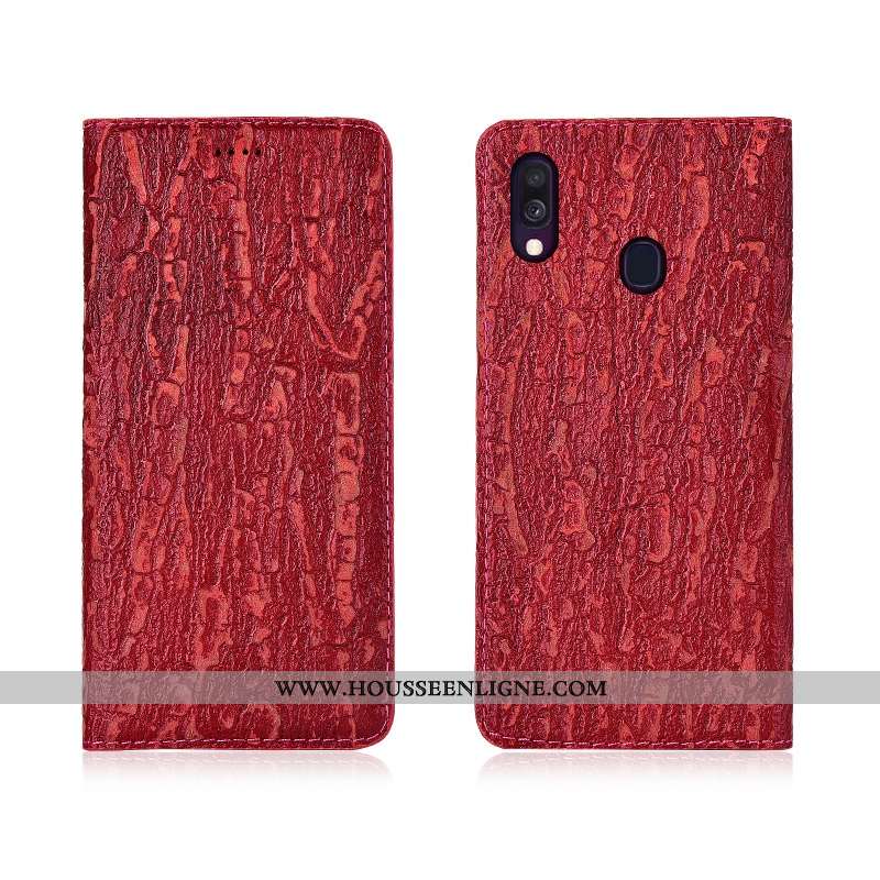 Étui Samsung Galaxy A40 Délavé En Daim Cuir Véritable Fluide Doux Silicone Protection Étoile Rouge