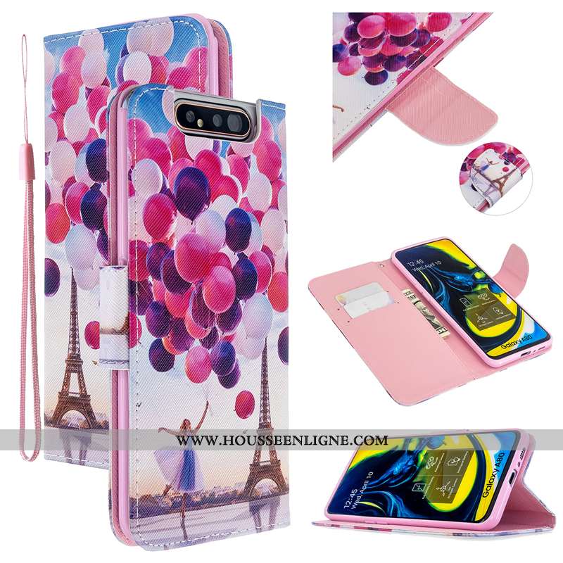 Étui Samsung Galaxy A80 Protection Cuir Téléphone Portable Housse Rose Coque Étoile