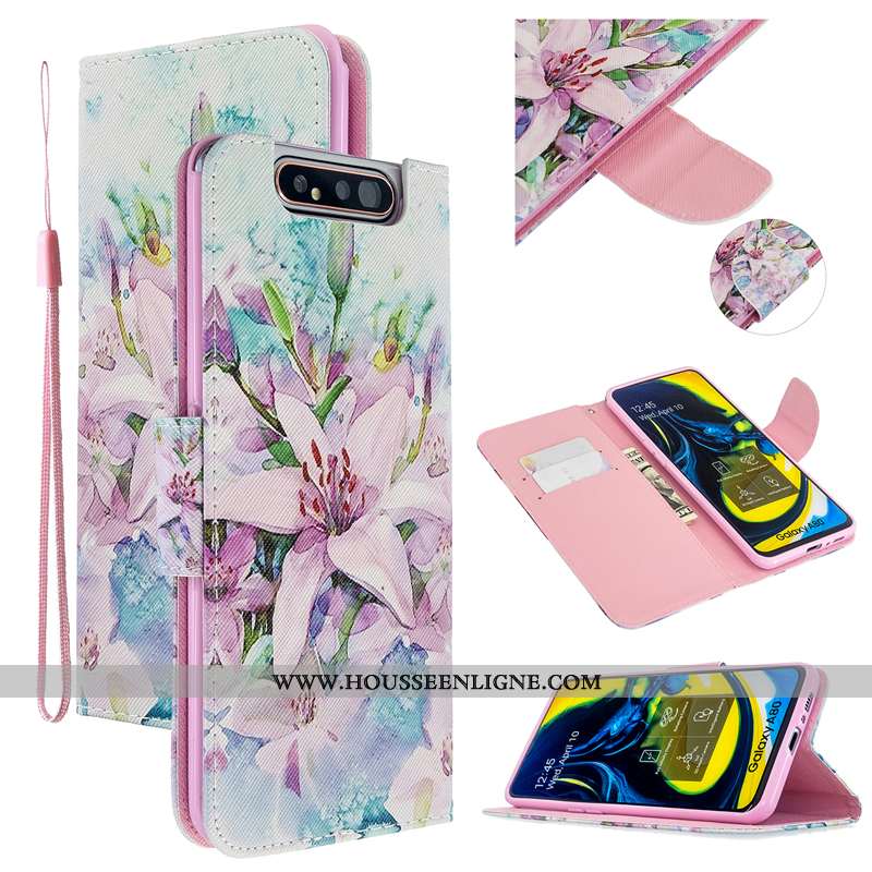 Étui Samsung Galaxy A80 Protection Cuir Téléphone Portable Housse Rose Coque Étoile