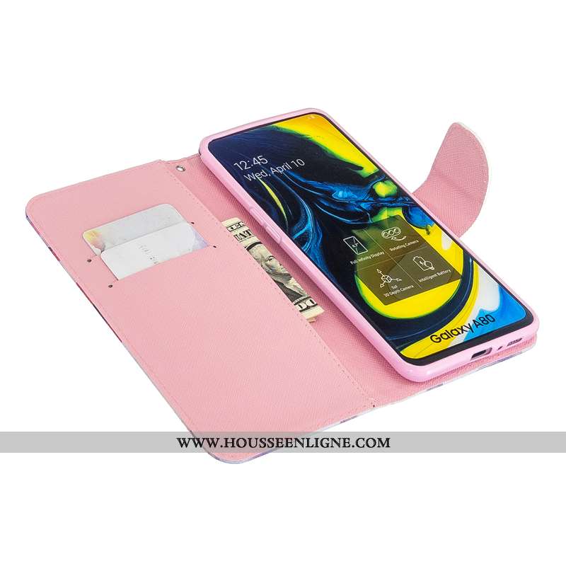 Étui Samsung Galaxy A80 Protection Cuir Téléphone Portable Housse Rose Coque Étoile
