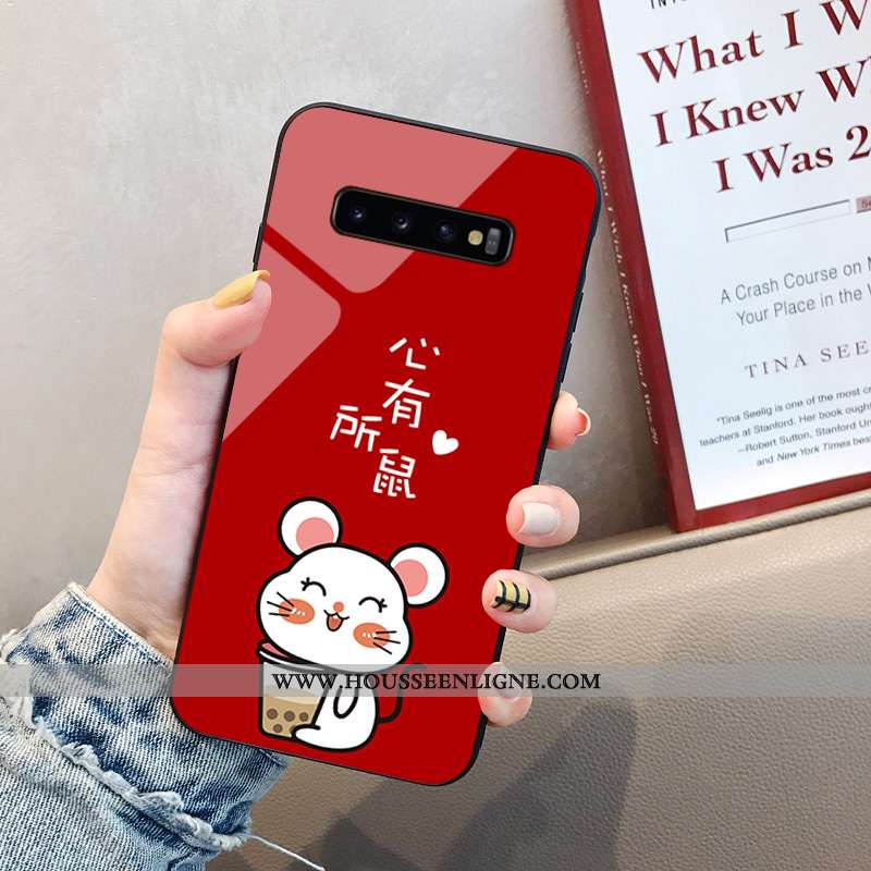 Étui Samsung Galaxy S10+ Fluide Doux Verre Dessin Animé Incassable Tendance Rouge Téléphone Portable