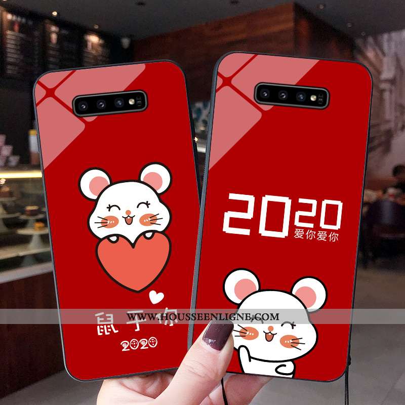 Étui Samsung Galaxy S10+ Fluide Doux Verre Dessin Animé Incassable Tendance Rouge Téléphone Portable