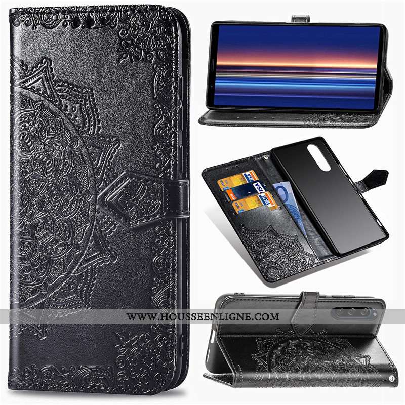Étui Sony Xperia 5 Protection Ornements Suspendus Bleu Cuir Gaufrage Housse Téléphone Portable