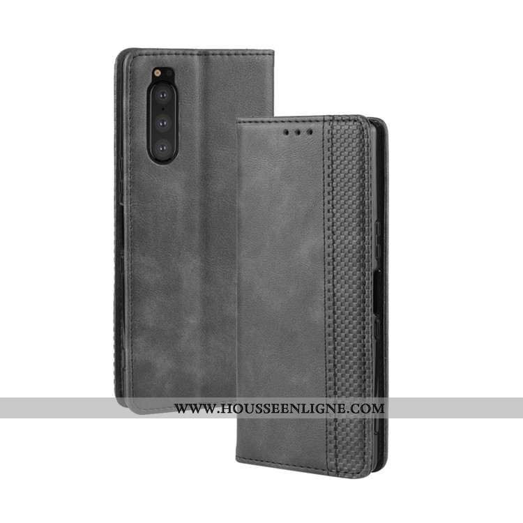 Étui Sony Xperia 5 Protection Portefeuille Noir Cuir Coque Téléphone Portable Housse