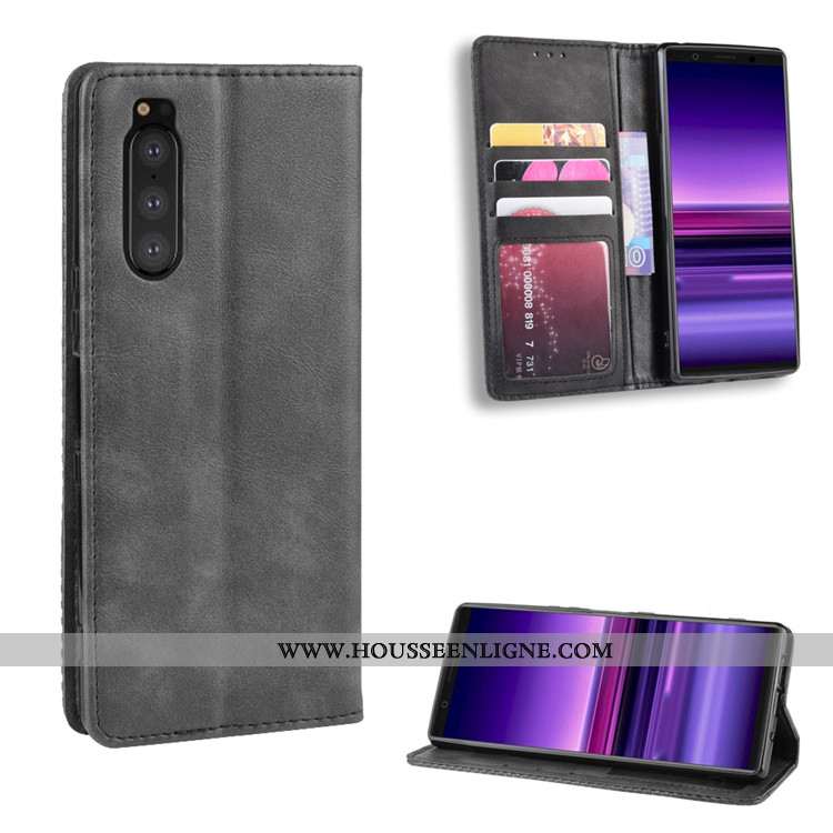 Étui Sony Xperia 5 Protection Portefeuille Noir Cuir Coque Téléphone Portable Housse