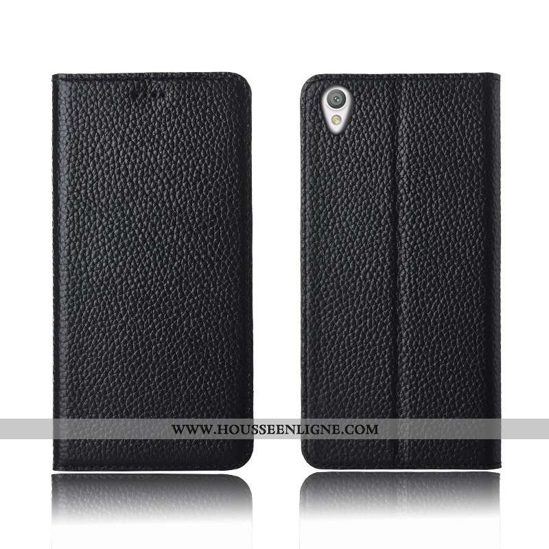 Étui Sony Xperia L1 Silicone Protection Cuir Véritable Tout Compris Fluide Doux Noir Litchi