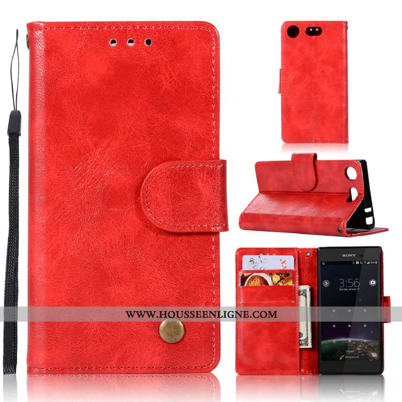 Étui Sony Xperia Xz1 Compact Cuir Vintage Rouge Coque Portefeuille Carte