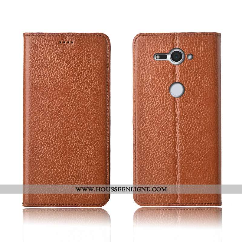 Étui Sony Xperia Xz2 Compact Cuir Véritable Cuir Incassable Silicone Tout Compris Litchi Marron