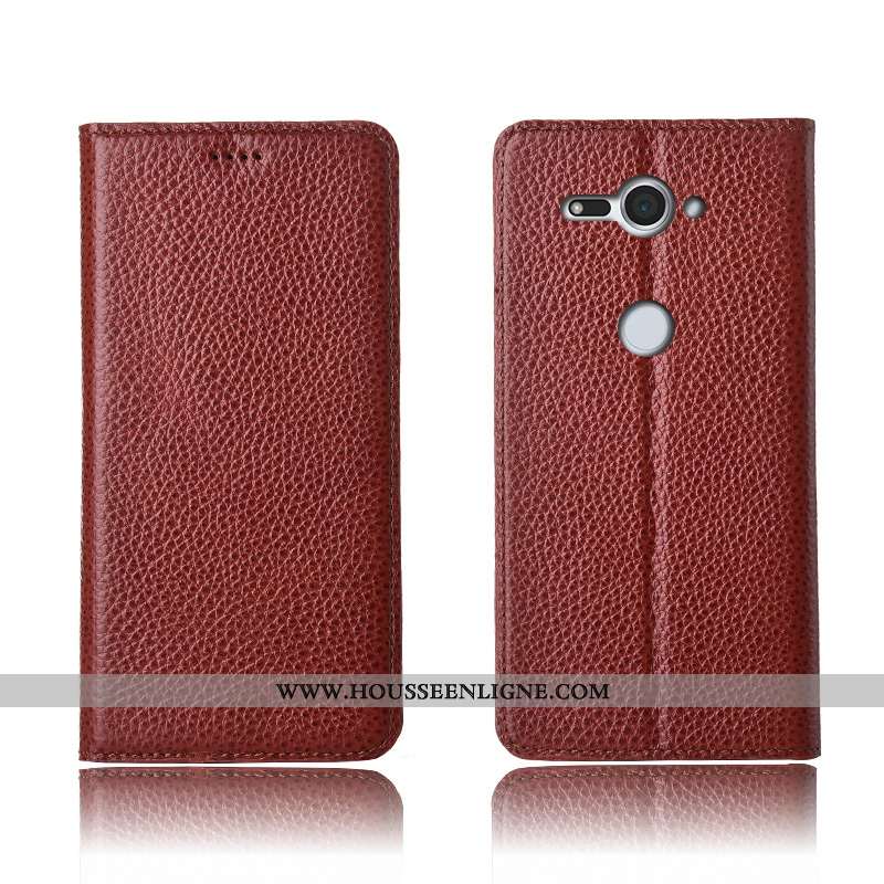 Étui Sony Xperia Xz2 Compact Cuir Véritable Cuir Incassable Silicone Tout Compris Litchi Marron