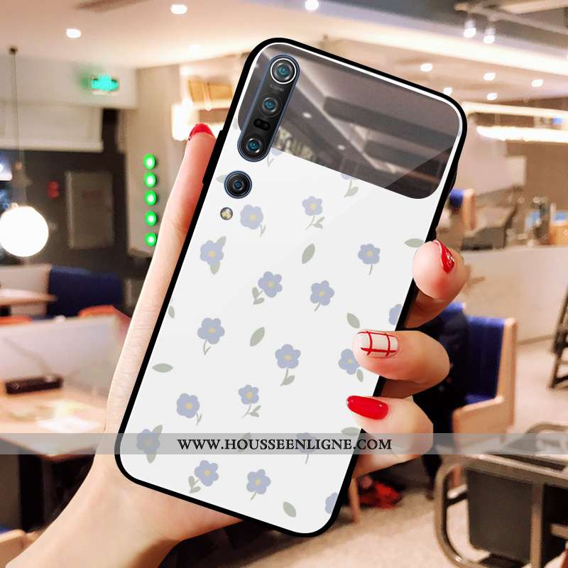 Étui Xiaomi Mi 10 Verre Art Cœur Maquillage Rouge Miroir Fleurs Blanche