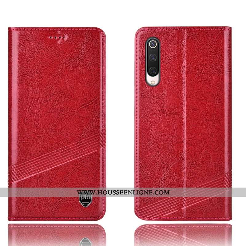 Étui Xiaomi Mi 9 Lite Cuir Véritable Protection Rouge Petit Noir Incassable
