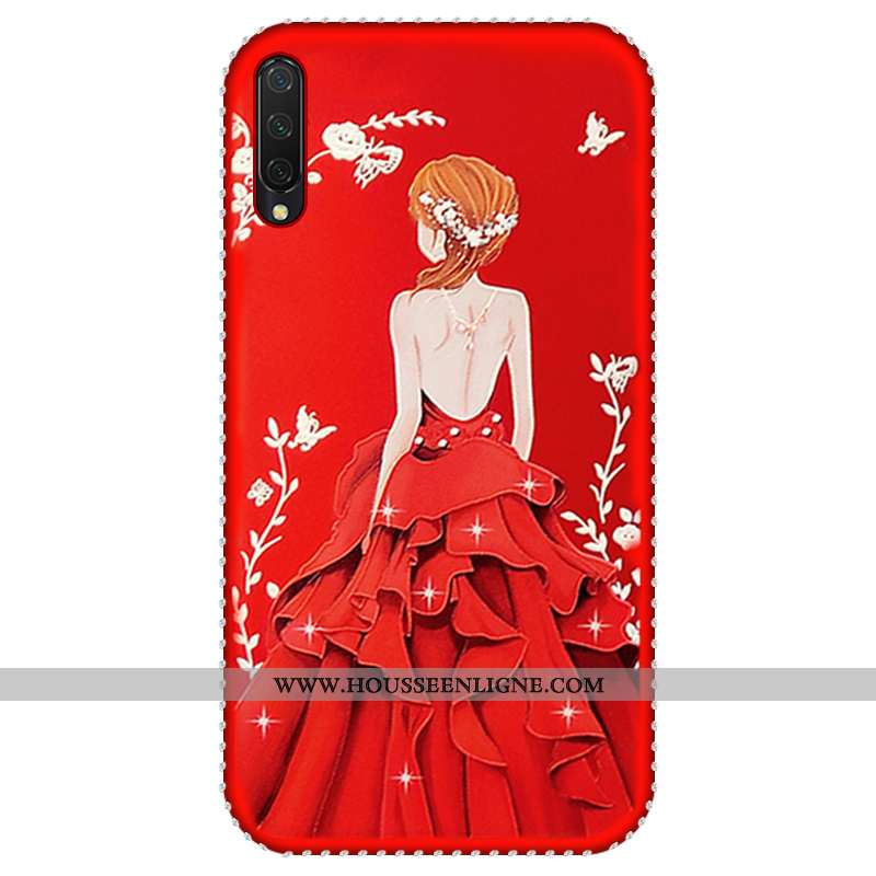 Étui Xiaomi Mi 9 Lite Protection Incruster Strass Tout Compris Cuir Incassable Cou Suspendu Rouge