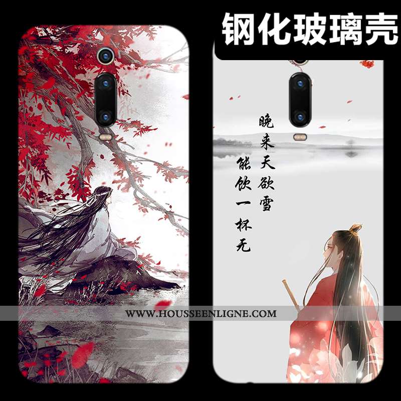 Étui Xiaomi Mi 9t Verre Vintage Bleu Téléphone Portable Rouge Beau Simple