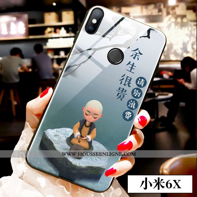 Étui Xiaomi Mi A2 Verre Dessin Animé Coque Charmant Jeunesse Téléphone Portable Tout Compris Bleu
