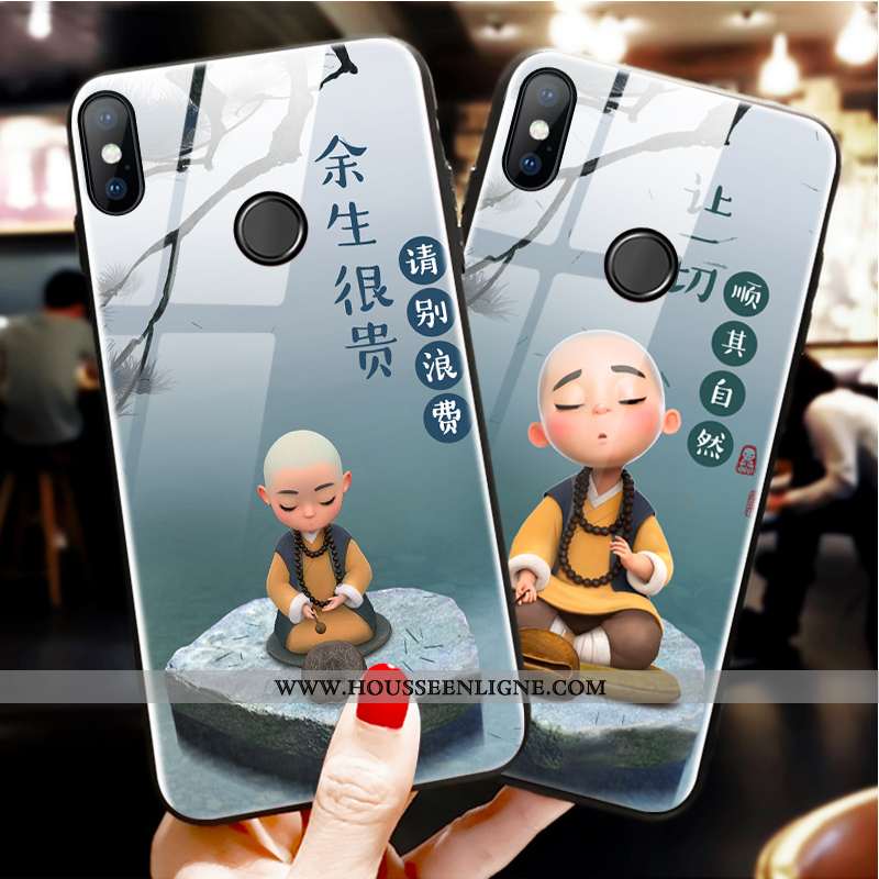 Étui Xiaomi Mi A2 Verre Dessin Animé Coque Charmant Jeunesse Téléphone Portable Tout Compris Bleu