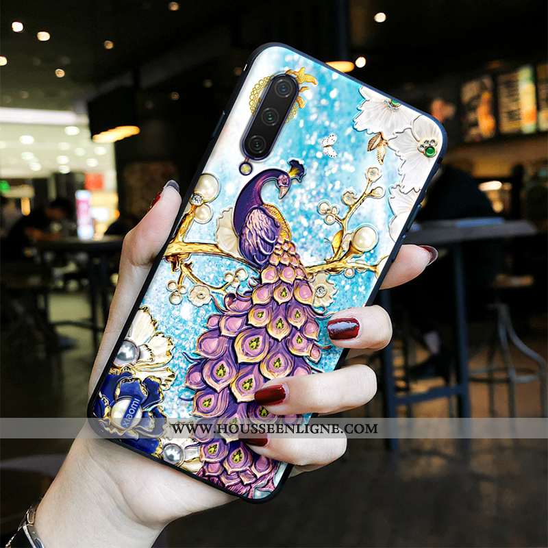 Étui Xiaomi Mi A3 Protection Délavé En Daim Téléphone Portable Paon Modèle Bleu Gaufrage