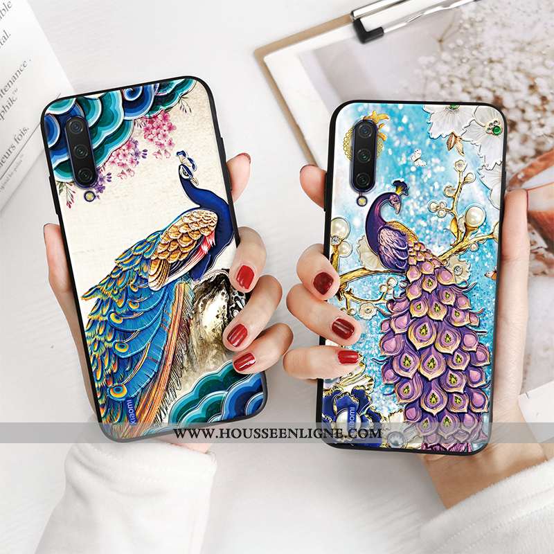 Étui Xiaomi Mi A3 Protection Délavé En Daim Téléphone Portable Paon Modèle Bleu Gaufrage