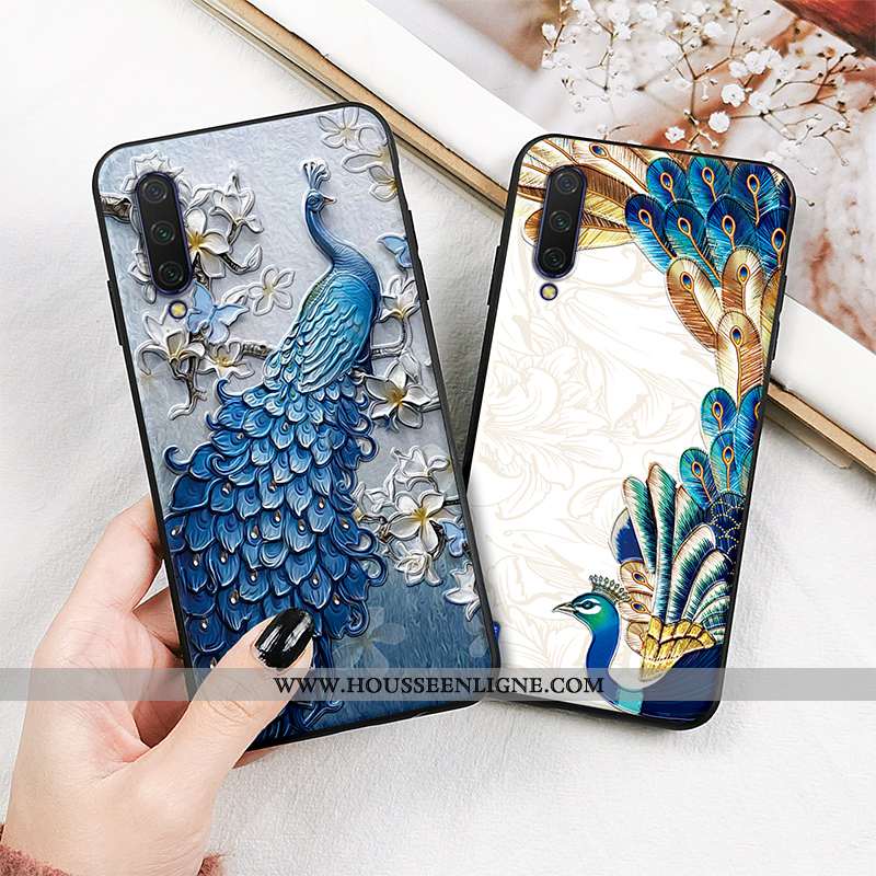 Étui Xiaomi Mi A3 Protection Délavé En Daim Téléphone Portable Paon Modèle Bleu Gaufrage