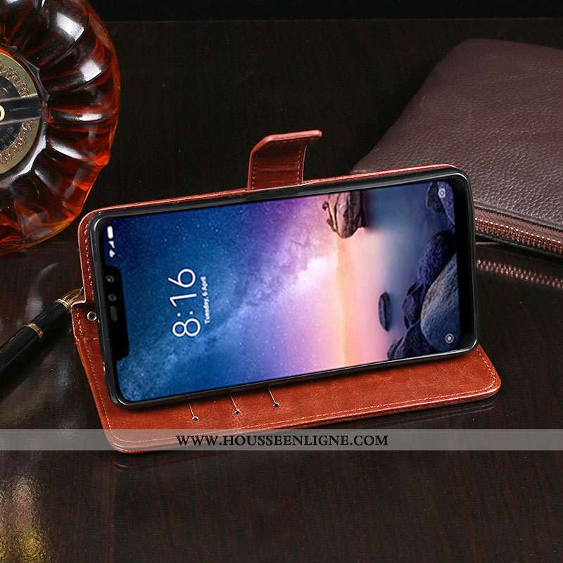 Étui Xiaomi Redmi Note 6 Pro Cuir Protection Portefeuille Rouge Housse Support Marron