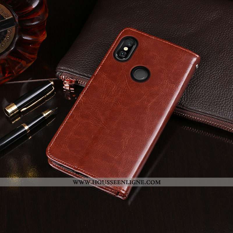 Étui Xiaomi Redmi Note 6 Pro Cuir Protection Portefeuille Rouge Housse Support Marron