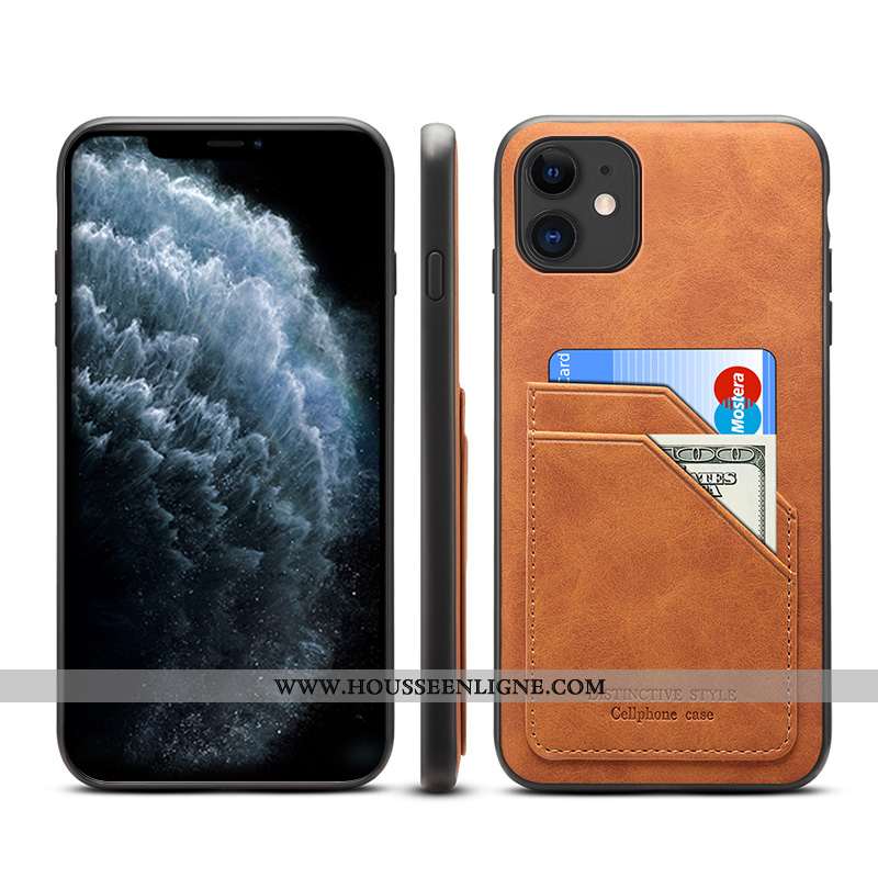 Étui iPhone 11 Cuir Portefeuille Coque Téléphone Portable Marron