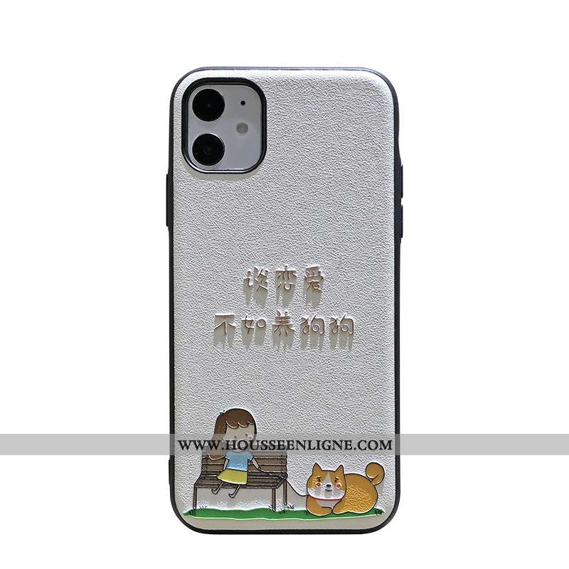 Étui iPhone 11 Délavé En Daim Gaufrage Coque Chiens Bordure Incassable Amoureux Blanche