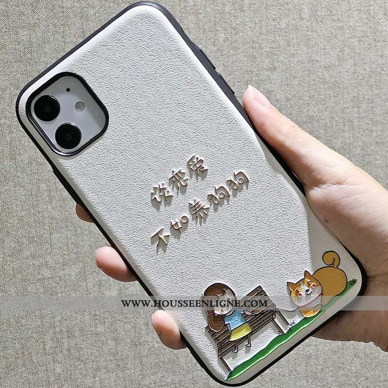 Étui iPhone 11 Délavé En Daim Gaufrage Coque Chiens Bordure Incassable Amoureux Blanche
