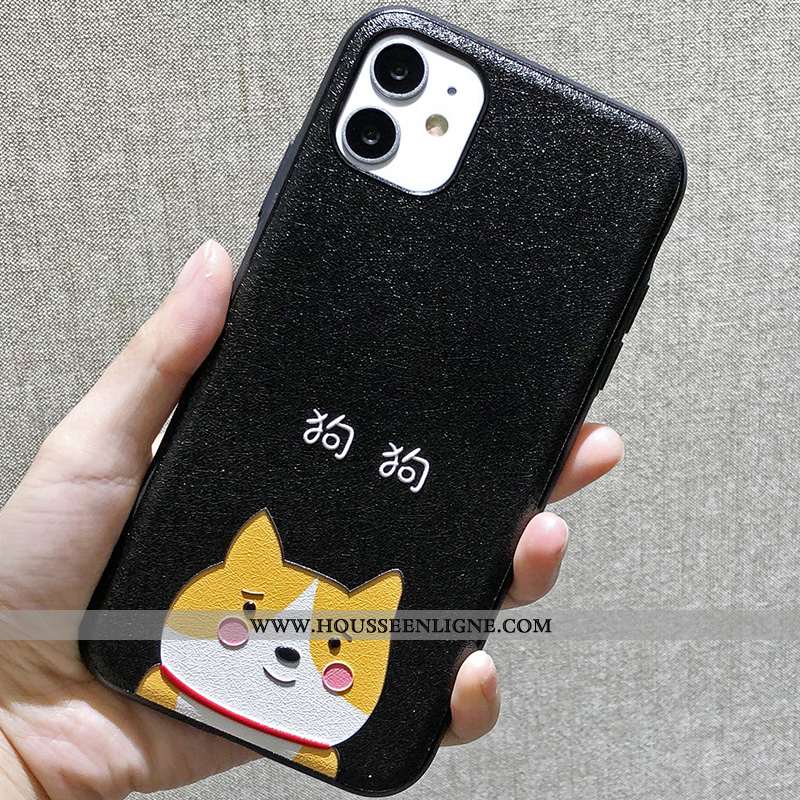 Étui iPhone 11 Délavé En Daim Gaufrage Coque Chiens Bordure Incassable Amoureux Blanche