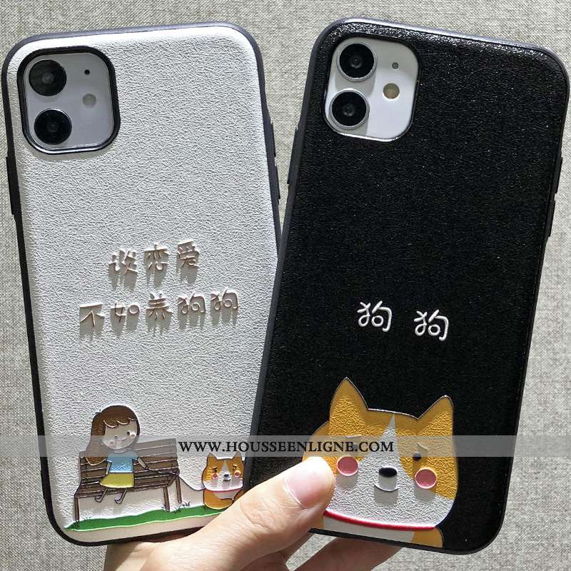 Étui iPhone 11 Délavé En Daim Gaufrage Coque Chiens Bordure Incassable Amoureux Blanche