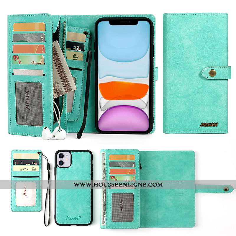 Étui iPhone 11 Portefeuille Cuir Carte Coque Téléphone Portable Business Bleu
