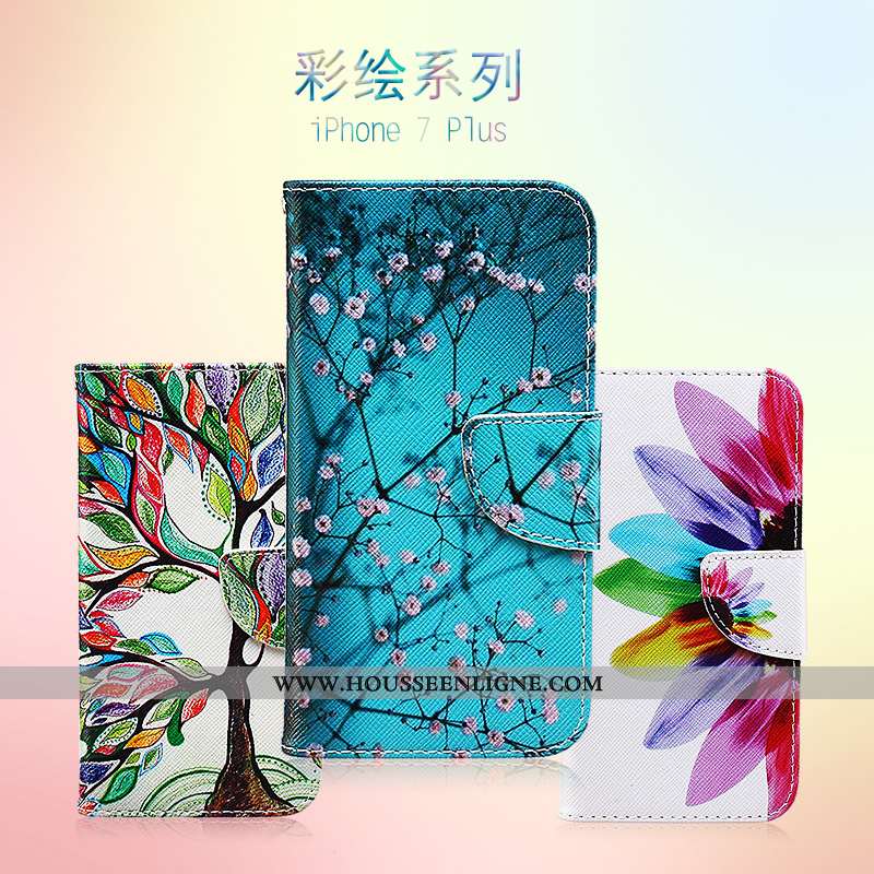 Étui iPhone 7 Cuir Protection Peinture Téléphone Portable Coque Bleu Housse