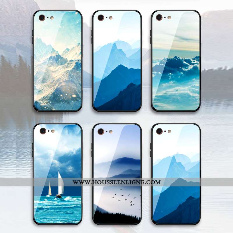Étui iPhone 7 Plus Verre Personnalité Nouveau Style Chinois Tendance Téléphone Portable Bleu